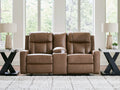 Mackmenville Caramel Reclining Loveseat with Console