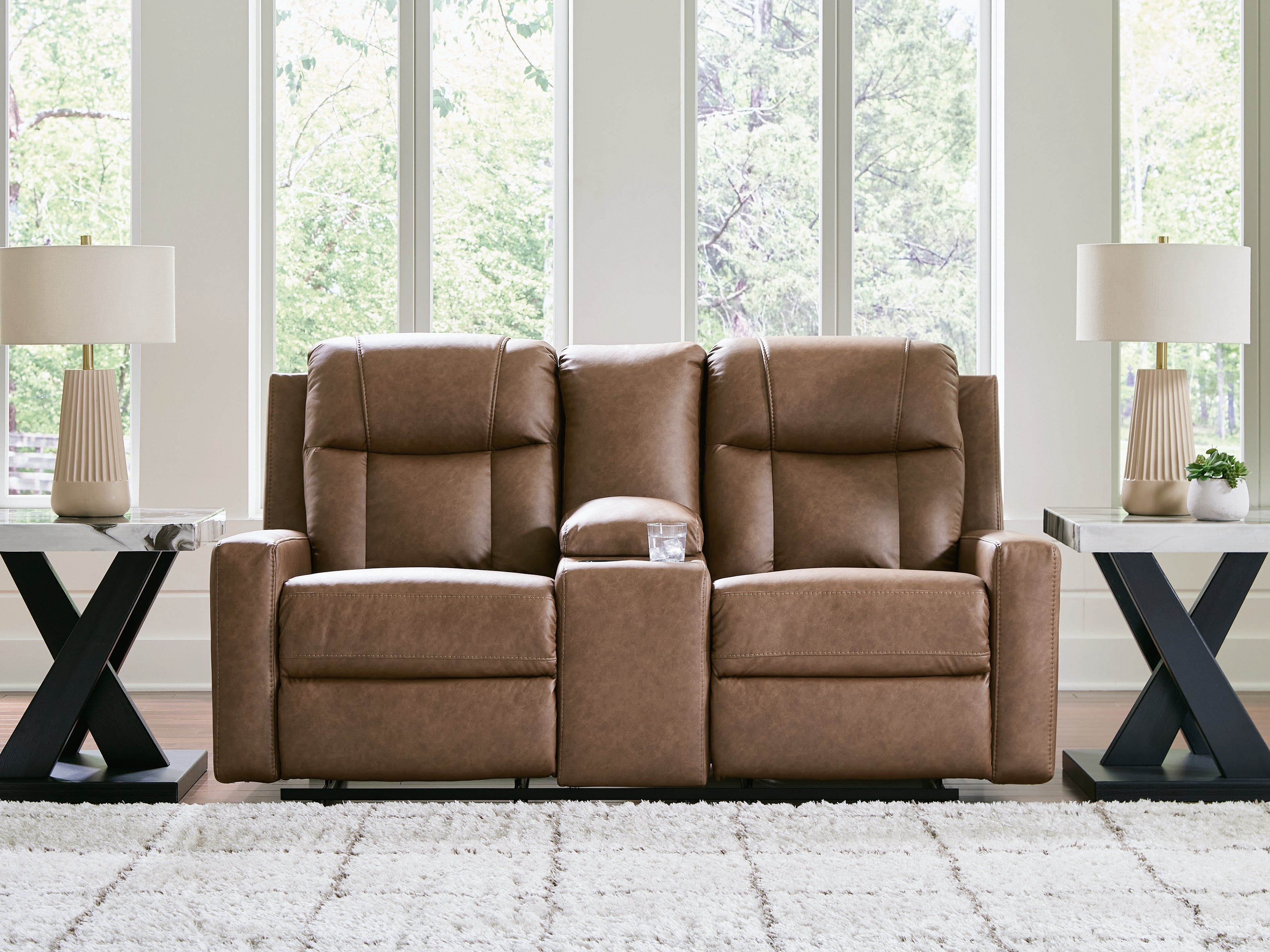Mackmenville Caramel Reclining Loveseat with Console