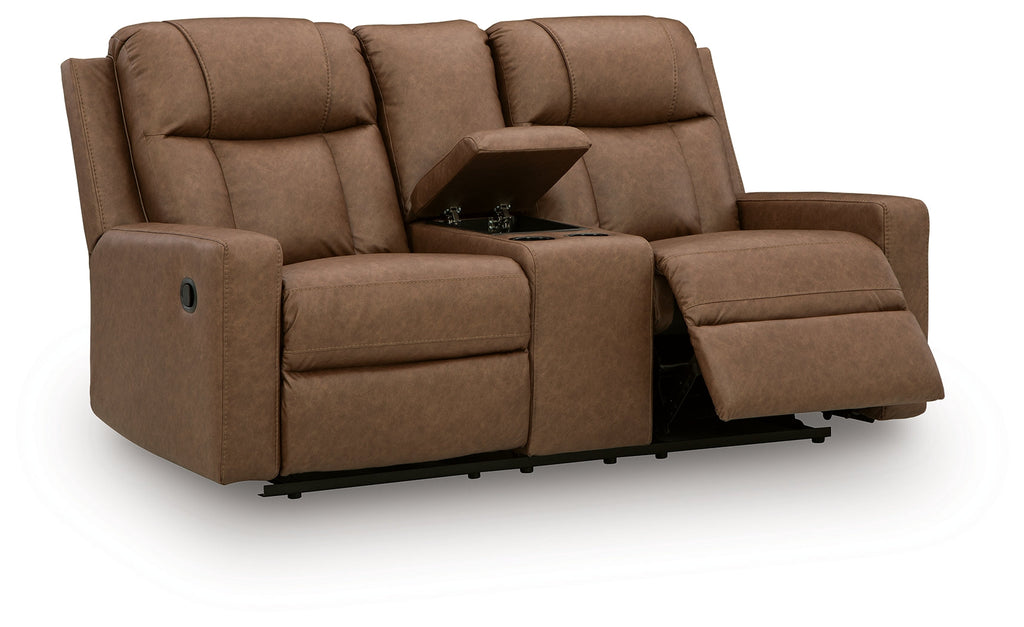 Mackmenville Caramel Reclining Loveseat with Console
