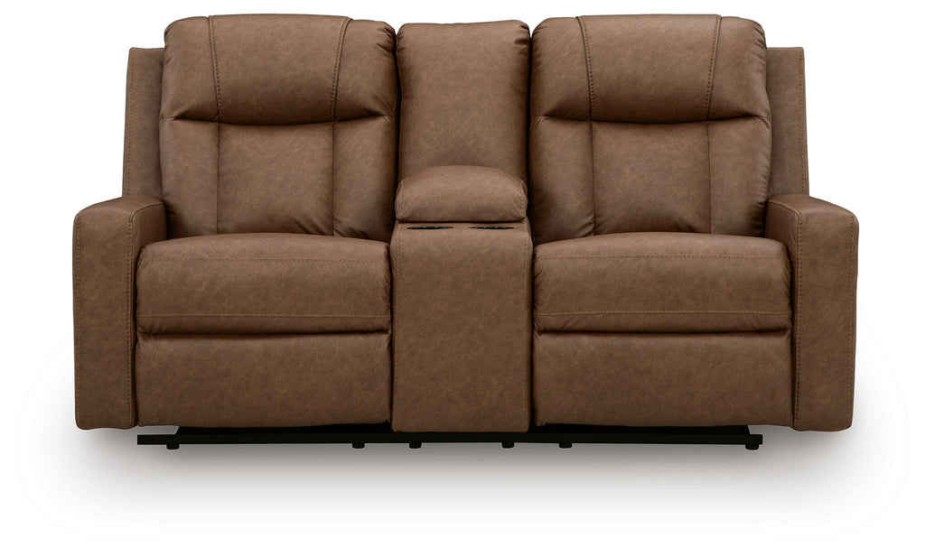 Mackmenville Caramel Reclining Loveseat with Console