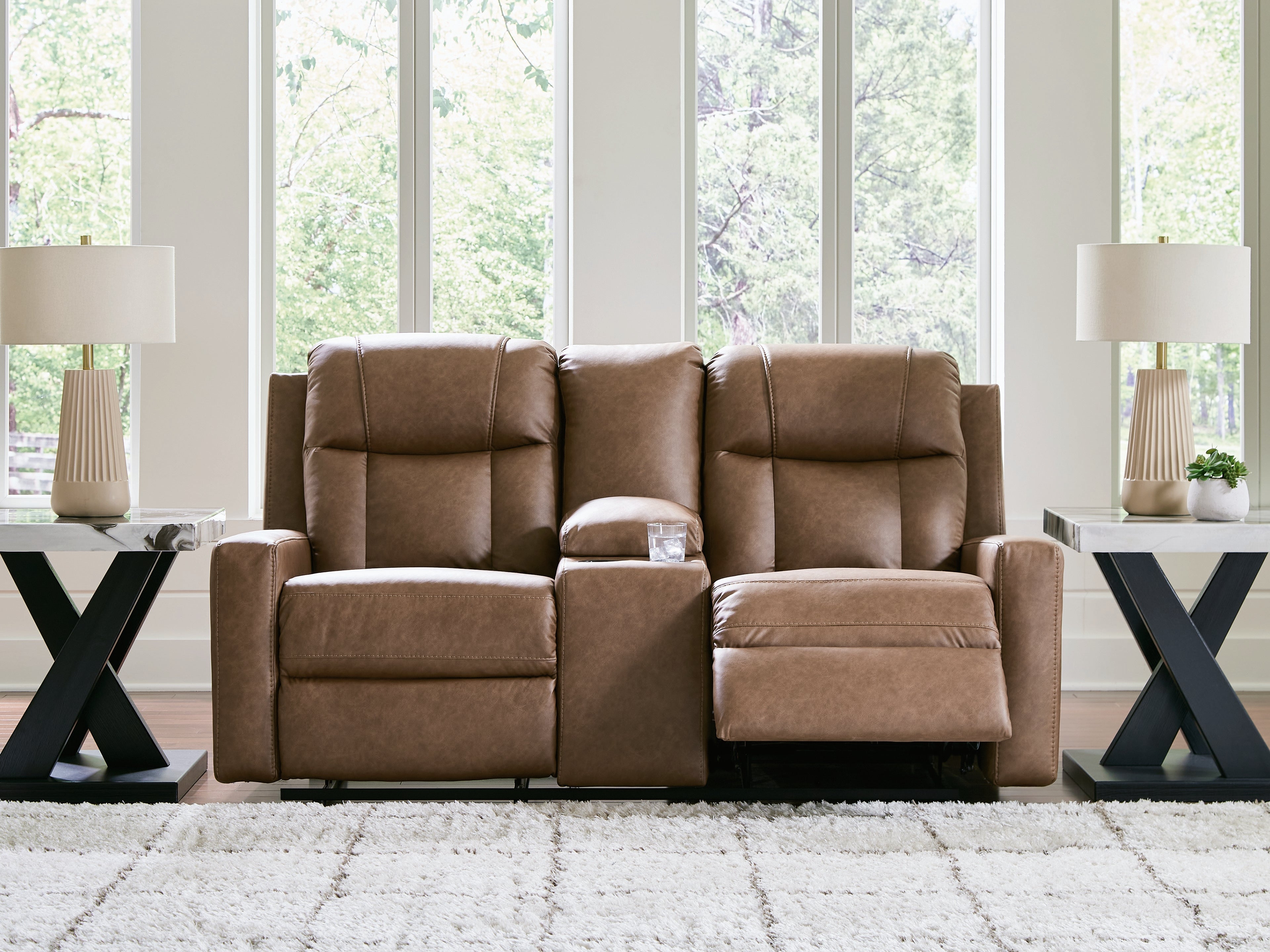 Mackmenville Caramel Reclining Loveseat with Console