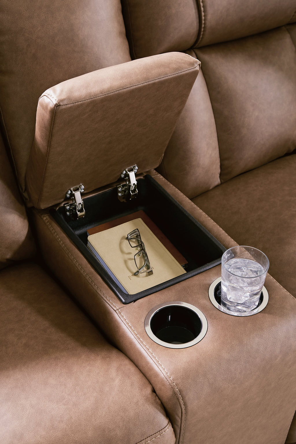 Mackmenville Caramel Reclining Loveseat with Console