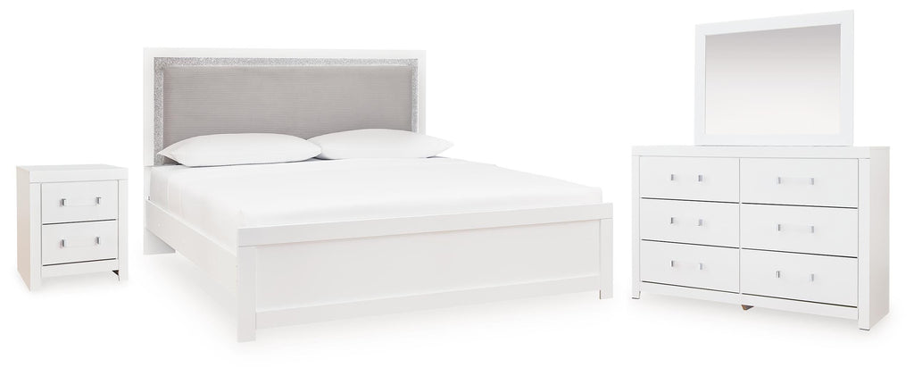 Maeling /Gray Queen Upholstered Panel Bed, Dresser, Mirror and Nightstand, White