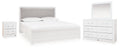 Maeling /Gray Queen Upholstered Panel Bed, Dresser, Mirror and Nightstand, White