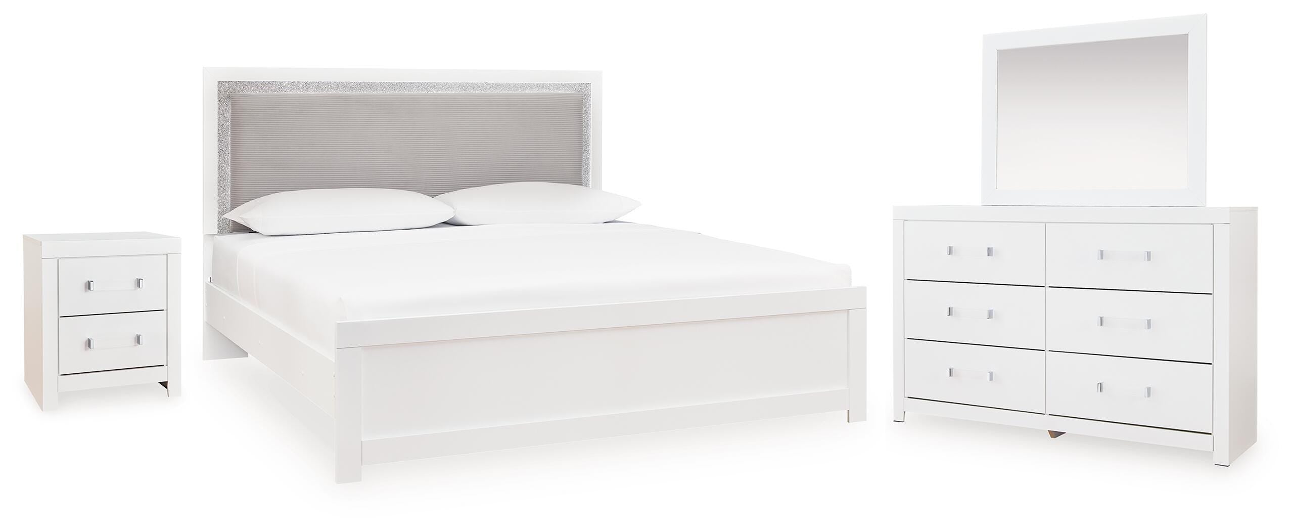 Maeling /Gray Queen Upholstered Panel Bed, Dresser, Mirror and Nightstand, White