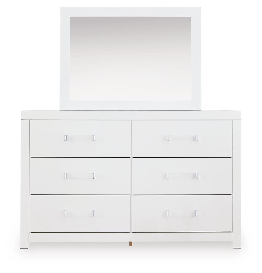Maeling /Gray Queen Upholstered Panel Bed, Dresser, Mirror and Nightstand, White