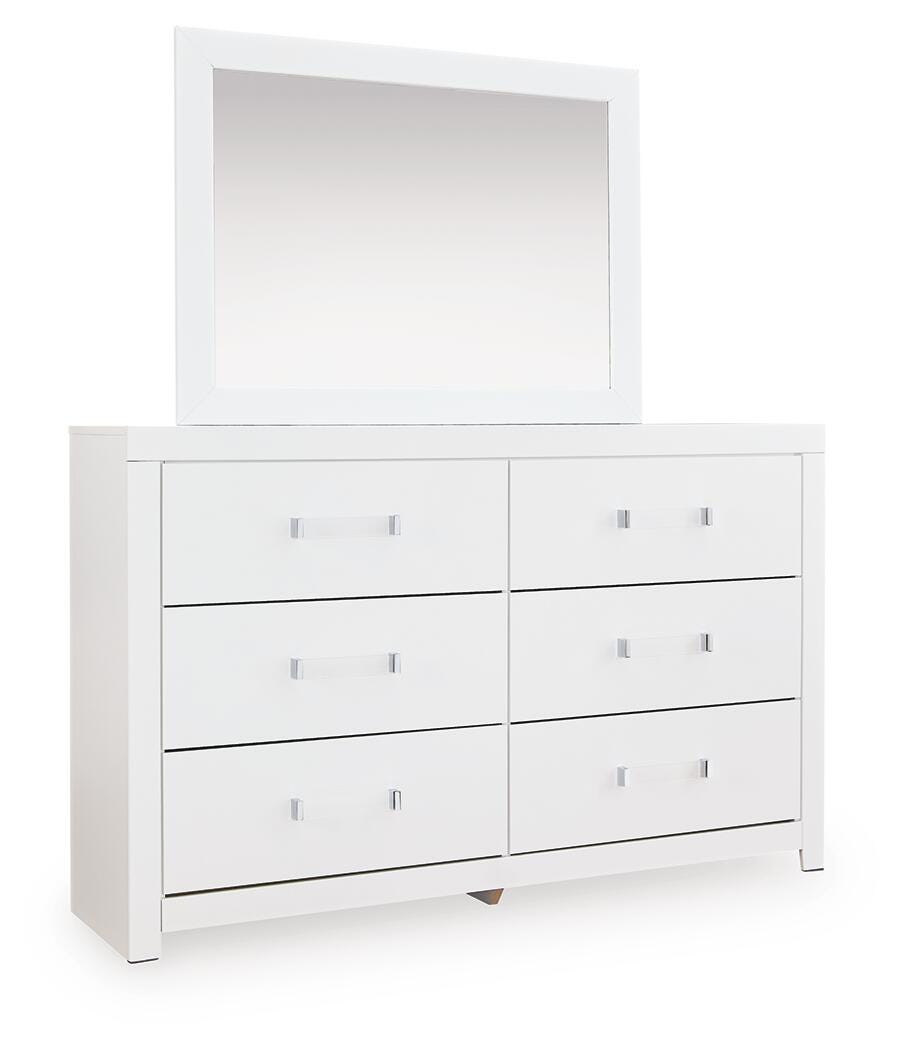 Maeling /Gray Queen Upholstered Panel Bed, Dresser, Mirror and Nightstand, White