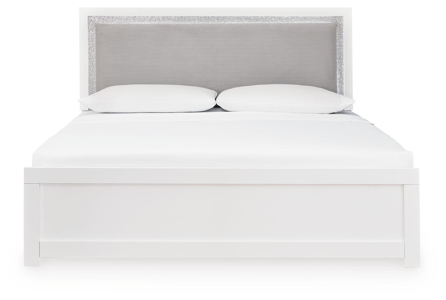 Maeling /Gray Queen Upholstered Panel Bed, Dresser, Mirror and Nightstand, White