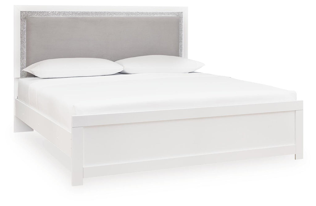 Maeling /Gray Queen Upholstered Panel Bed, Dresser, Mirror and Nightstand, White