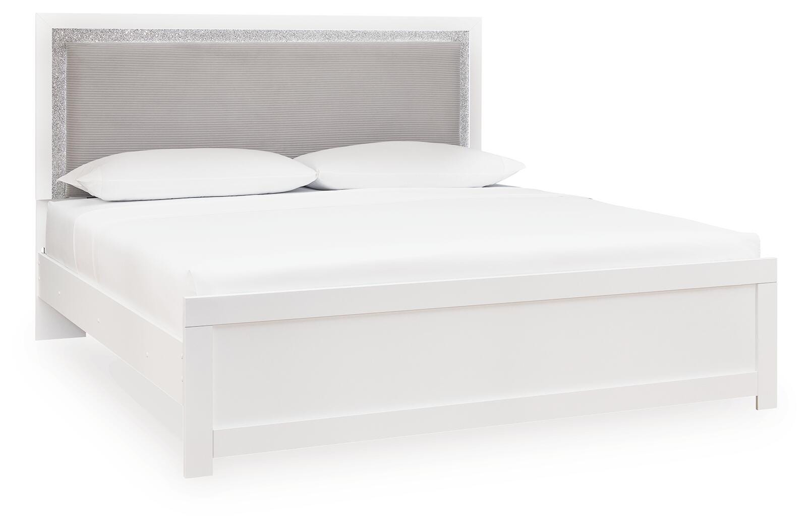 Maeling /Gray Queen Upholstered Panel Bed, Dresser, Mirror and Nightstand, White