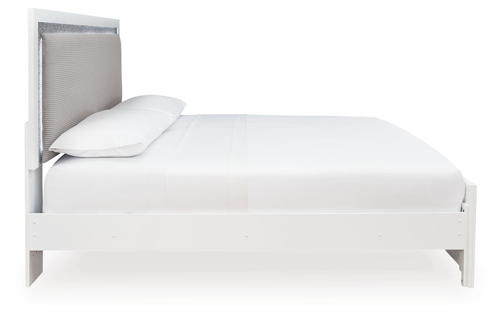 Maeling /Gray Queen Upholstered Panel Bed, Dresser, Mirror and Nightstand, White