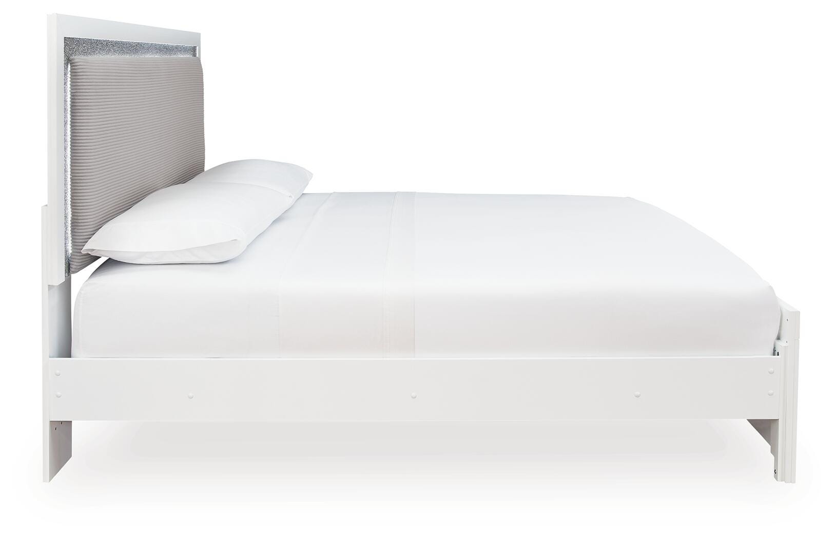 Maeling /Gray Queen Upholstered Panel Bed, Dresser, Mirror and Nightstand, White