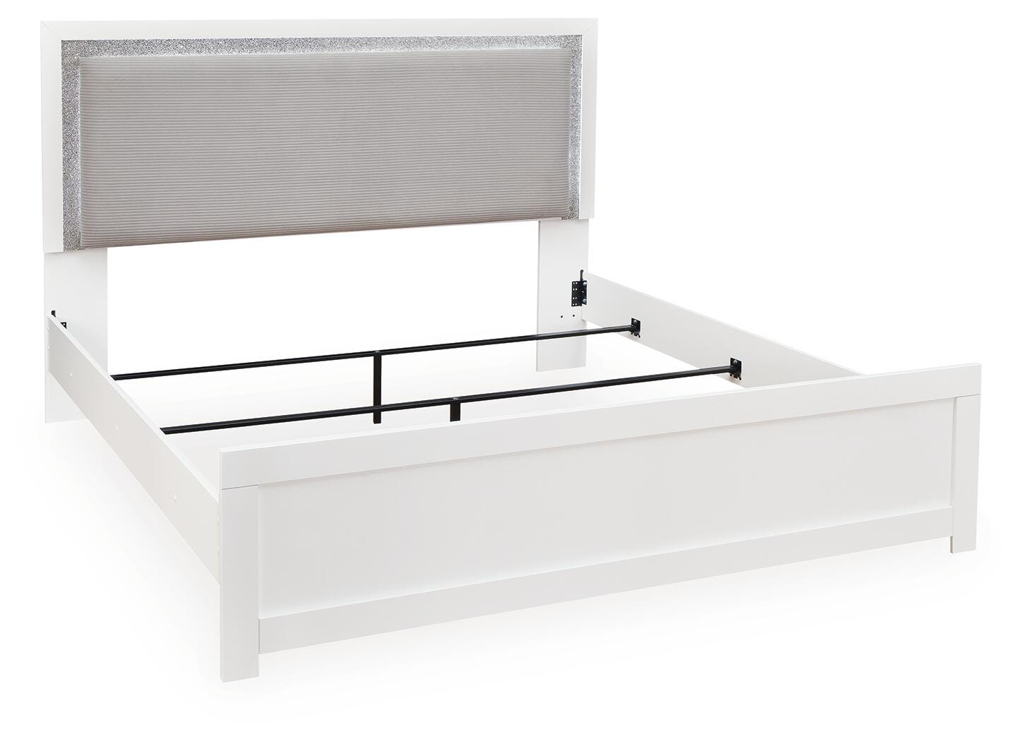 Maeling /Gray Queen Upholstered Panel Bed, Dresser, Mirror and Nightstand, White
