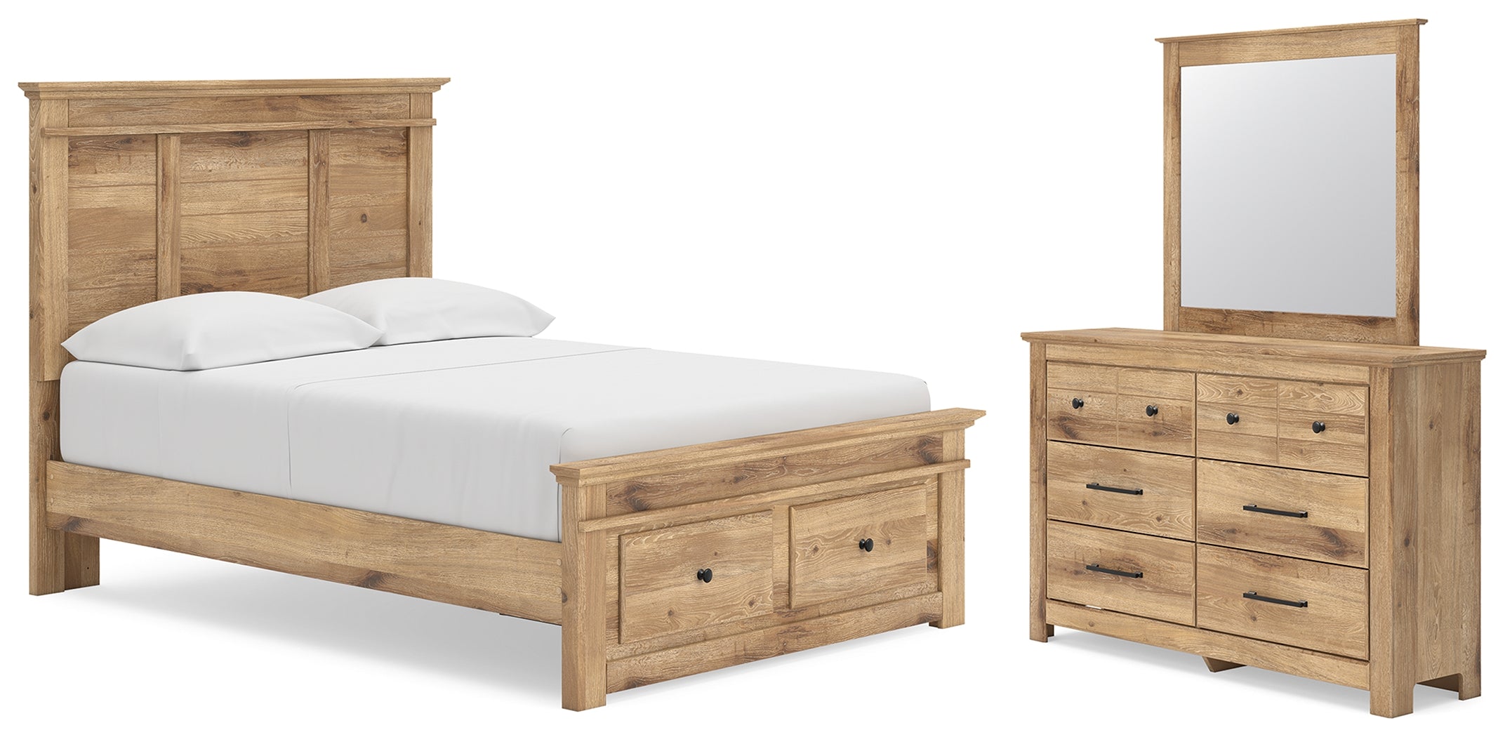 Makidern Tan Full Panel Storage Bed, Dresser and Mirror