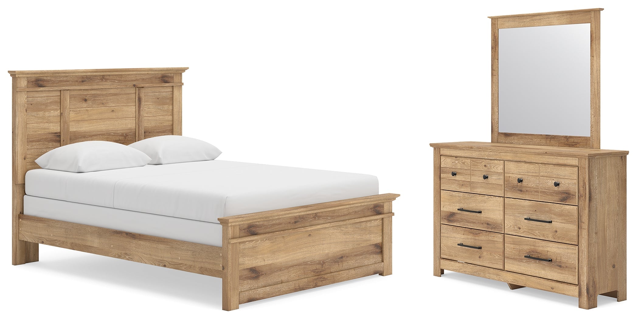 Makidern Tan Queen Panel Bed, Dresser and Mirror