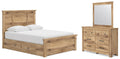 Makidern Tan Queen Panel Bed w/ Storage, Dresser and Mirror