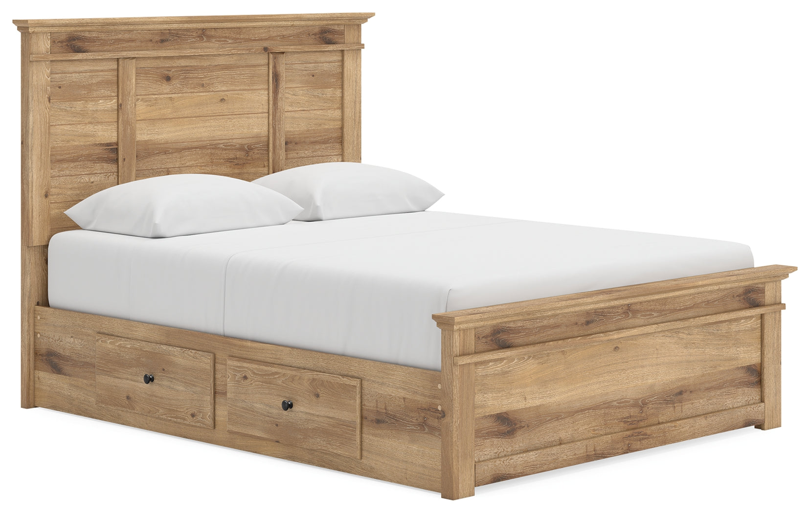 Makidern Tan Queen Panel Bed w/ Storage, Dresser and Mirror