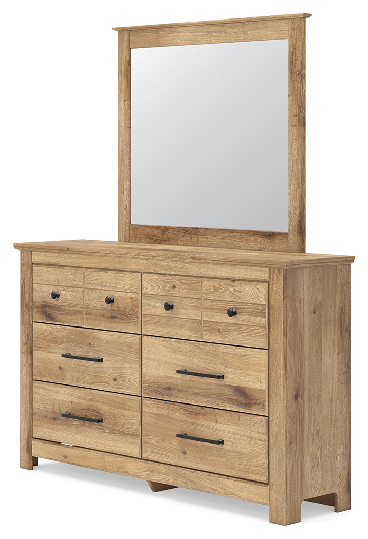Makidern Tan Queen Panel Storage Bed, Dresser and Mirror