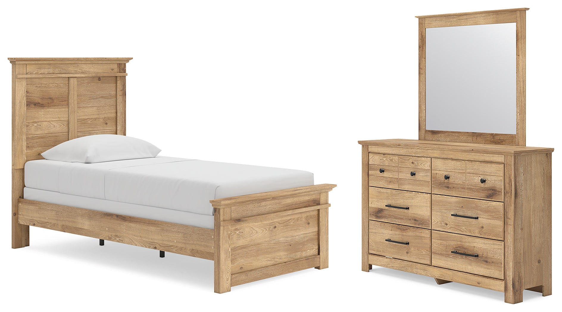Makidern Tan Twin Panel Bed, Dresser and Mirror