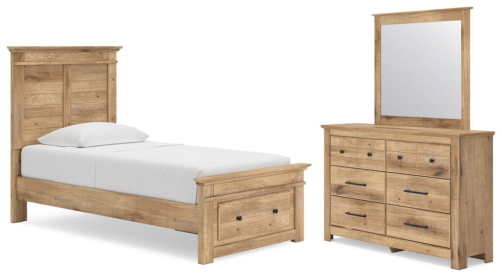 Makidern Tan Twin Panel Storage Bed, Dresser and Mirror