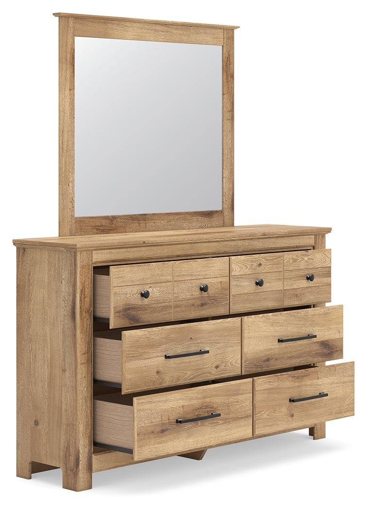 Makidern Tan Twin Panel Storage Bed, Dresser and Mirror