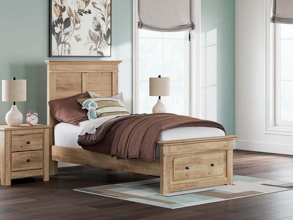 Makidern Tan Twin Panel Storage Bed, Dresser and Mirror