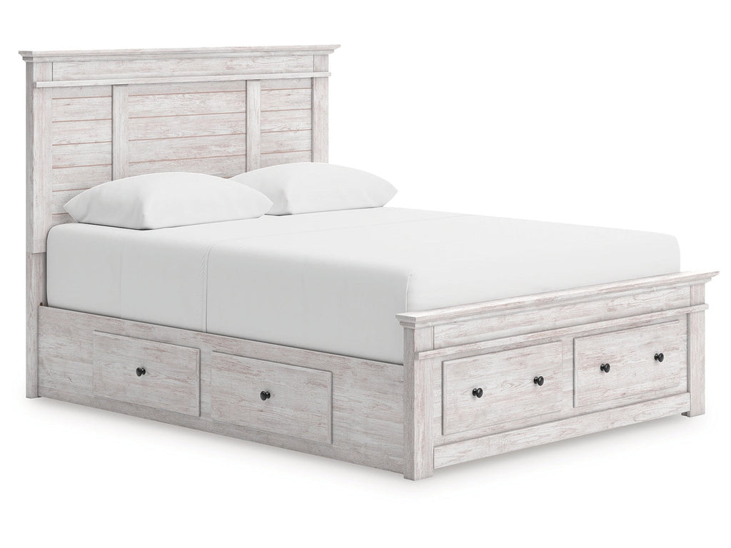 Makidern Whitewash Queen Panel 4 Storage Bed w/2 Footboard