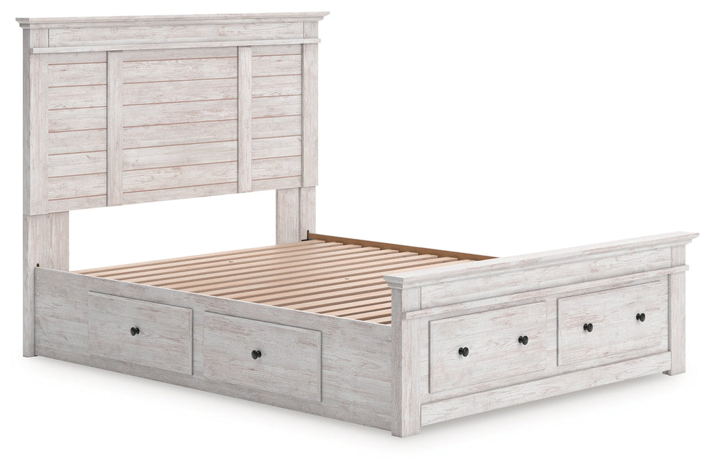 Makidern Whitewash Queen Panel 4 Storage Bed w/2 Footboard