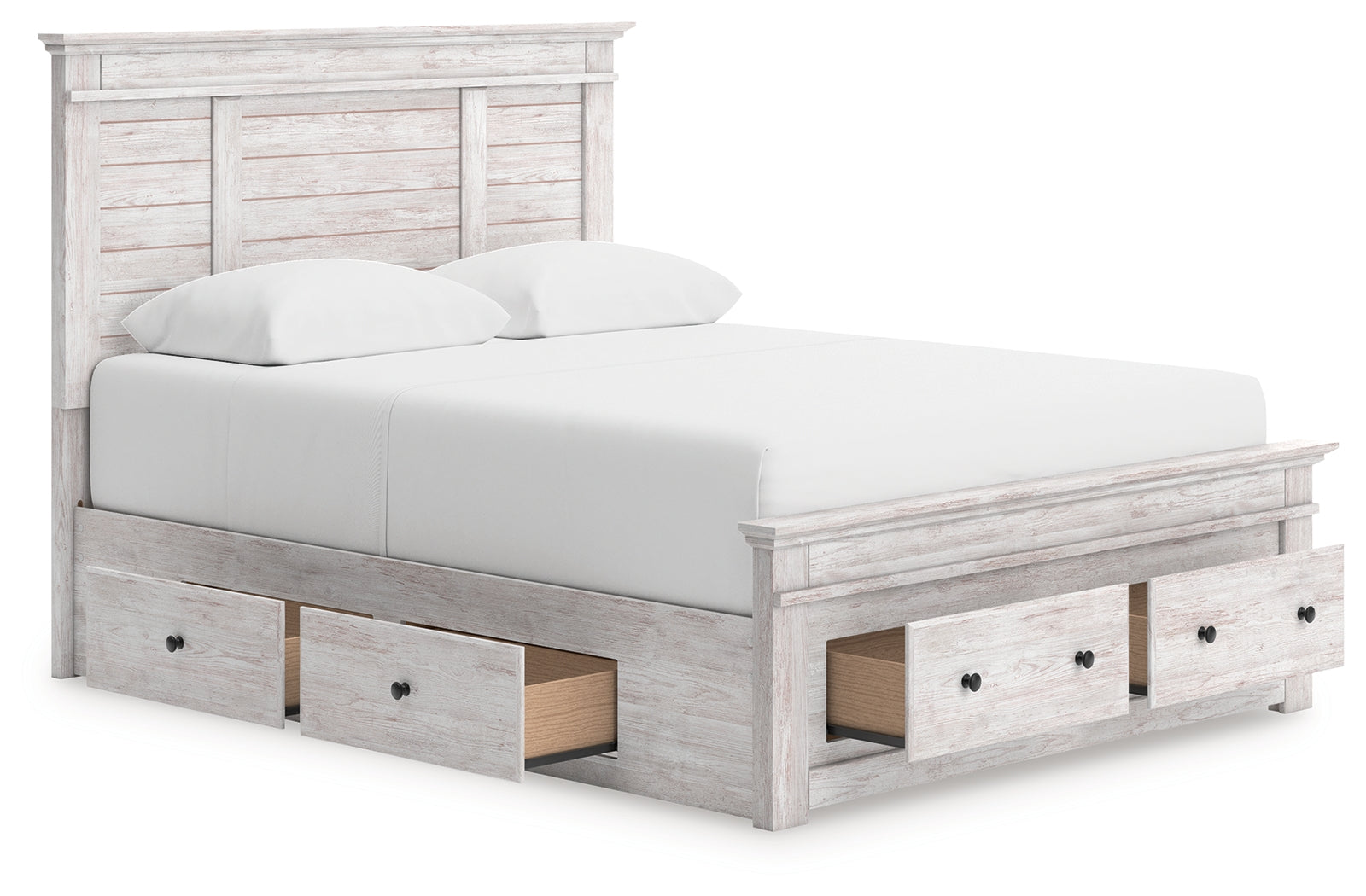 Makidern Whitewash Queen Panel 4 Storage Bed w/2 Footboard