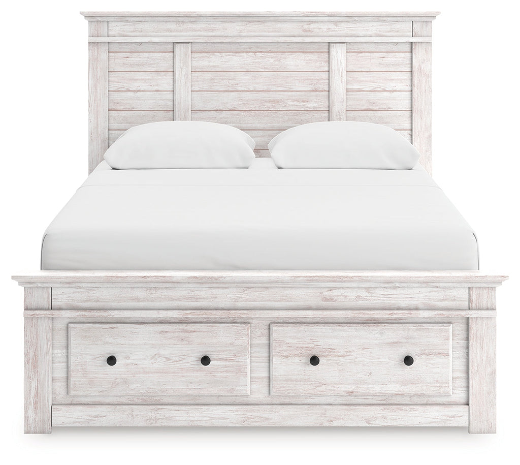 Makidern Whitewash Queen Panel 4 Storage Bed w/2 Footboard