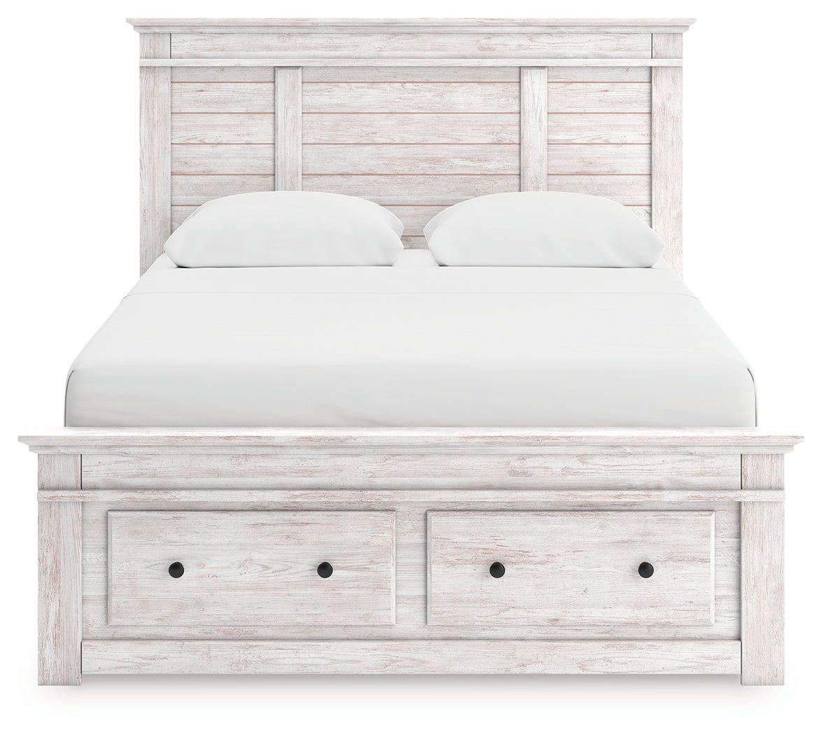 Makidern Whitewash Queen Panel 4 Storage Bed w/2 Footboard
