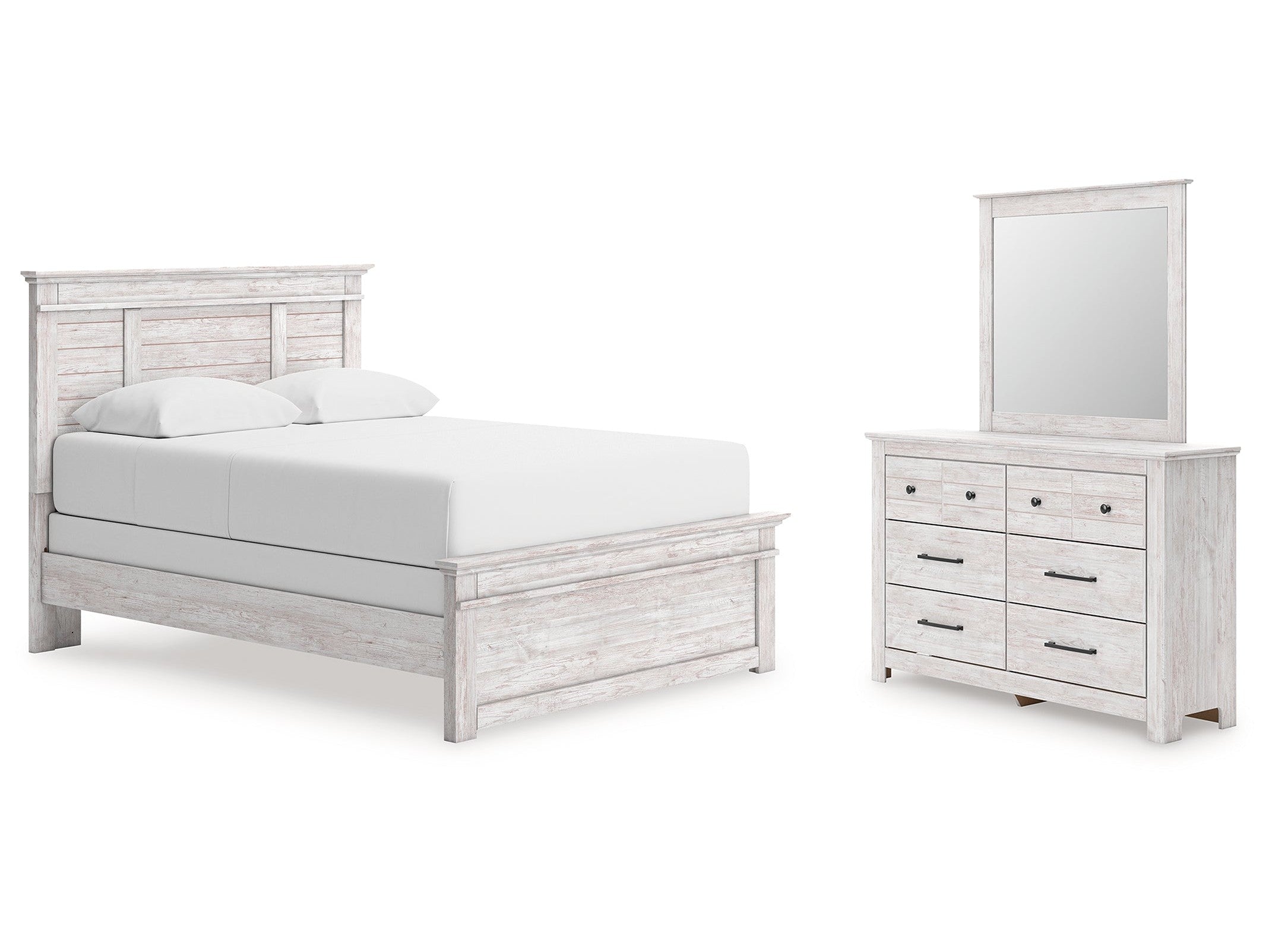 Makidern Whitewash Queen Panel Bed, Dresser and Mirror
