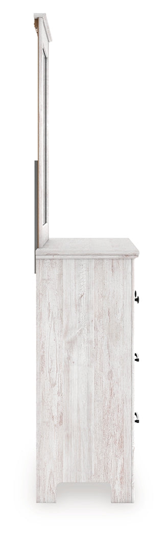 Makidern Whitewash Queen Panel Bed, Dresser and Mirror