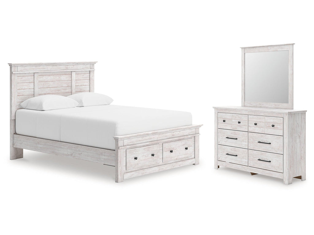 Makidern Whitewash Queen Panel Storage Bed, Dresser and Mirror