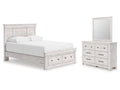 Makidern Whitewash Queen Panel Storage Bed, Dresser and Mirror