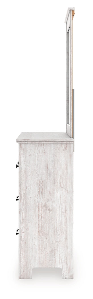 Makidern Whitewash Queen Panel Storage Bed, Dresser and Mirror