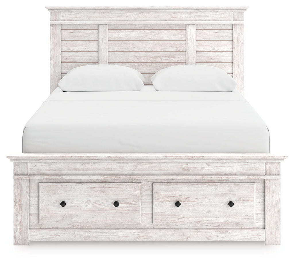 Makidern Whitewash Queen Panel Storage Bed, Dresser and Mirror