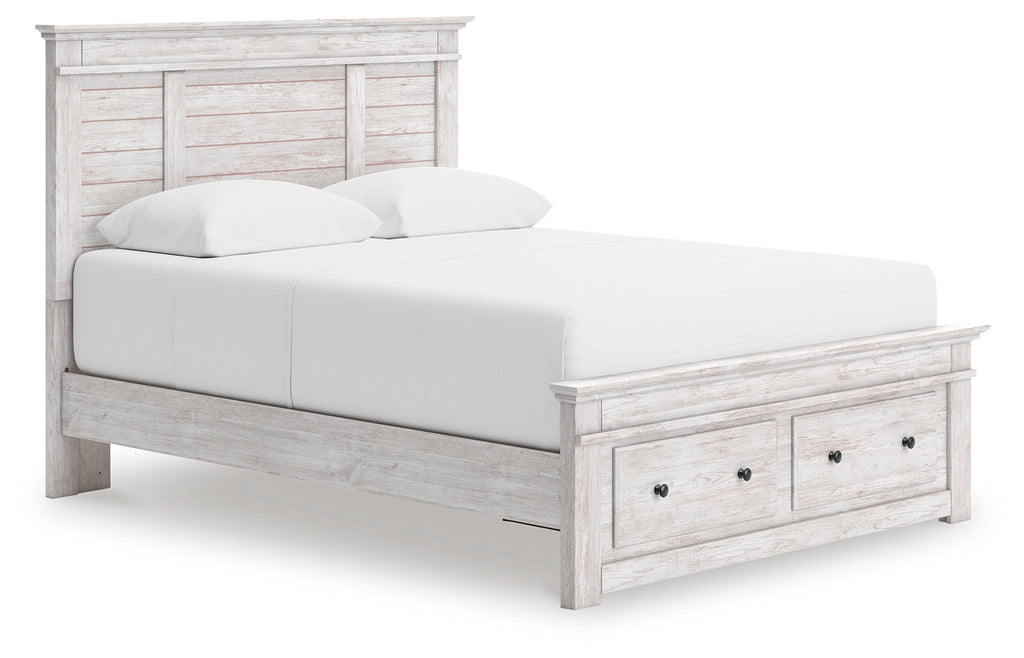 Makidern Whitewash Queen Panel Storage Bed, Dresser and Mirror