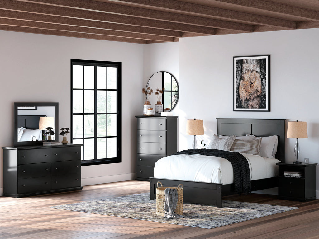 Maribel Full Panel Bed, Dresser, Mirror, Chest and Nightstand, Black