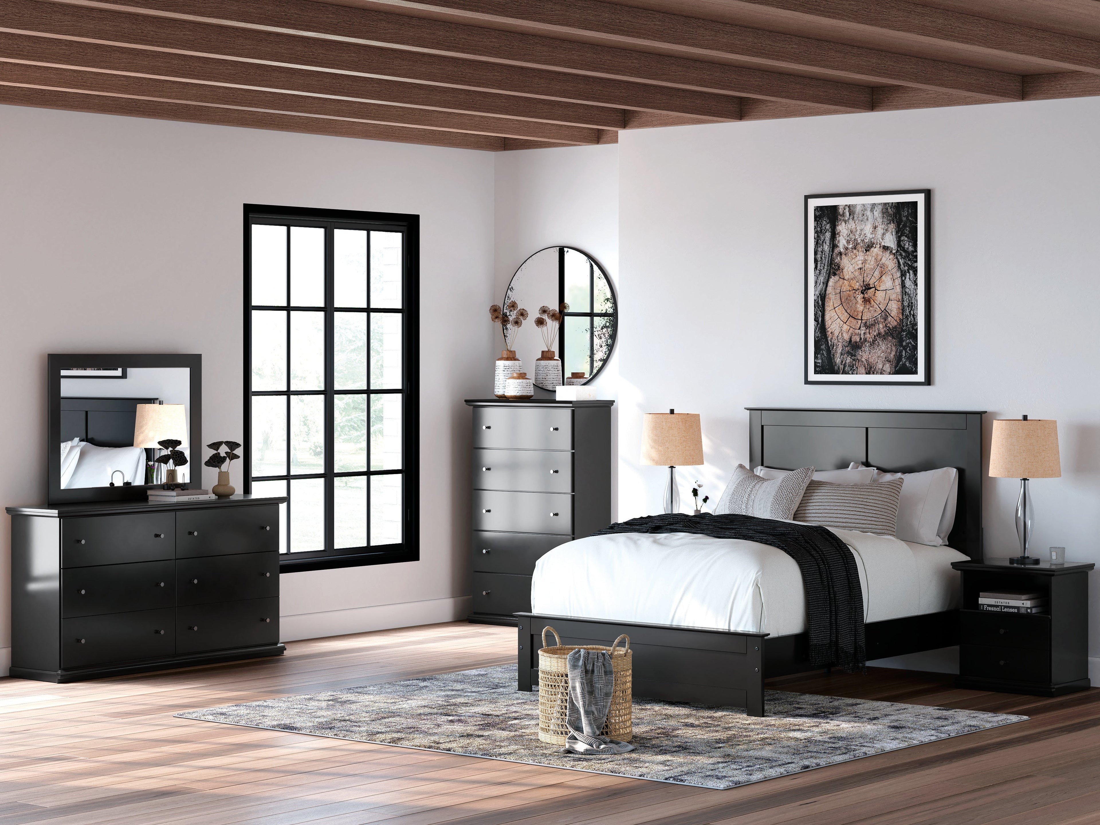 Maribel Full Panel Bed, Dresser, Mirror and 2 Nightstands, Black