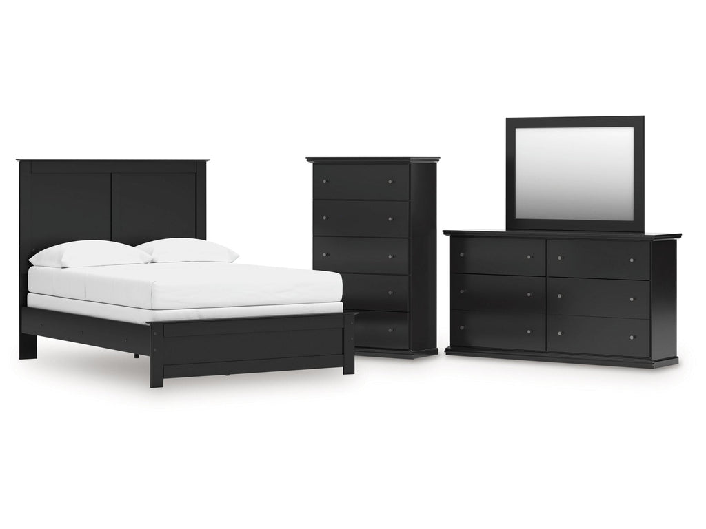 Maribel Full Panel Bed, Dresser, Mirror and Chest, Black