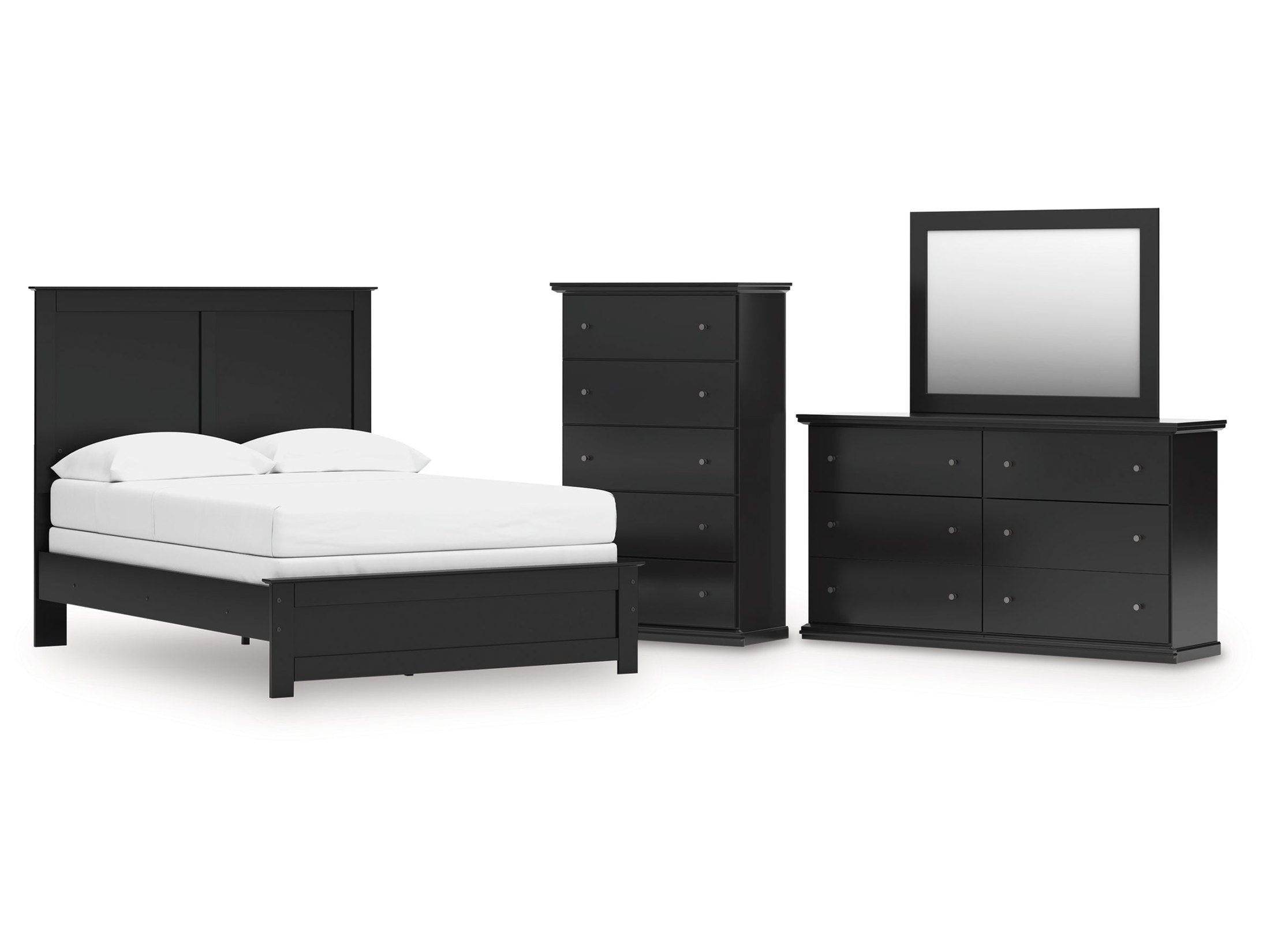 Maribel Full Panel Bed, Dresser, Mirror and Chest, Black