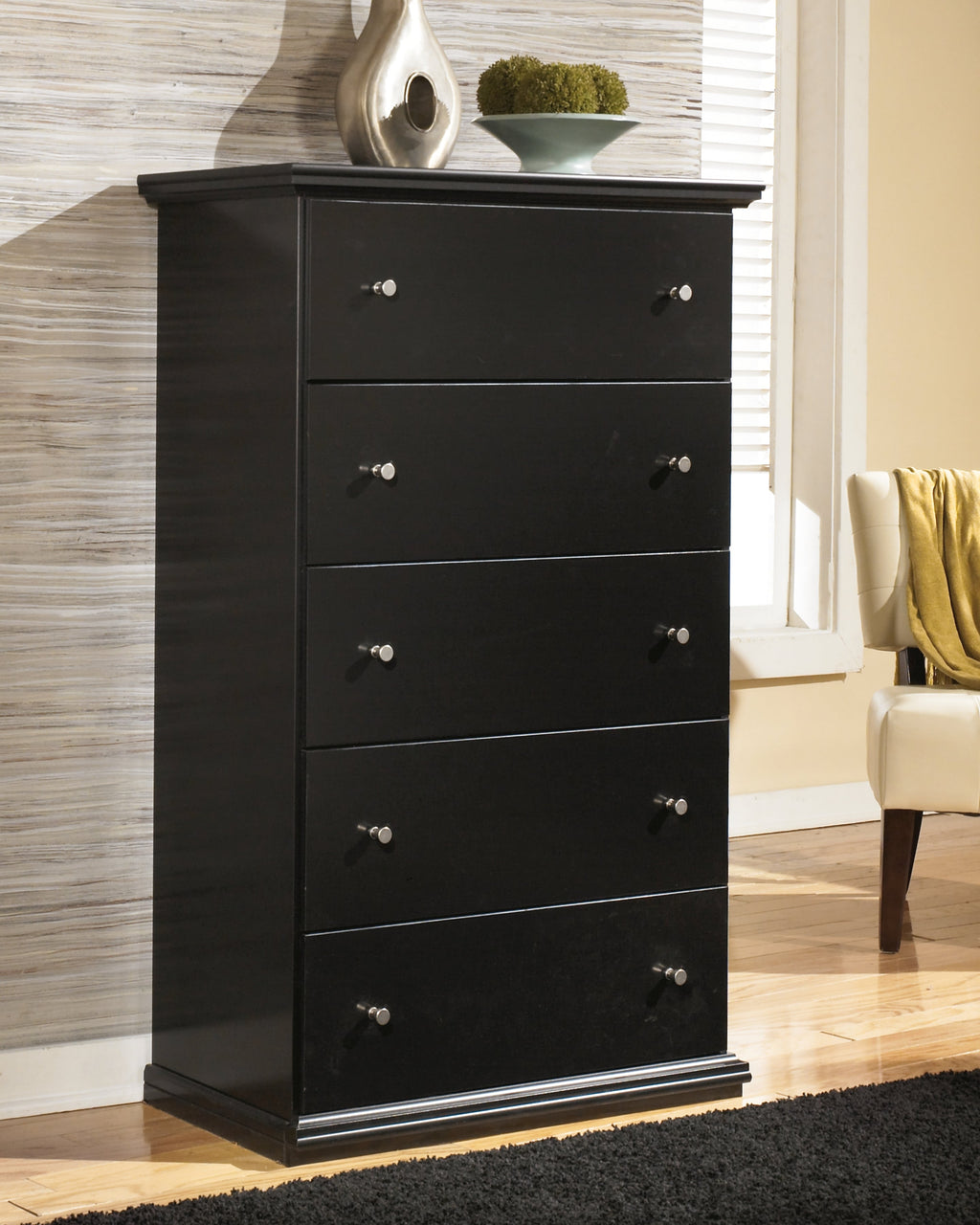 Maribel Full Panel Bed, Dresser, Mirror and Chest, Black