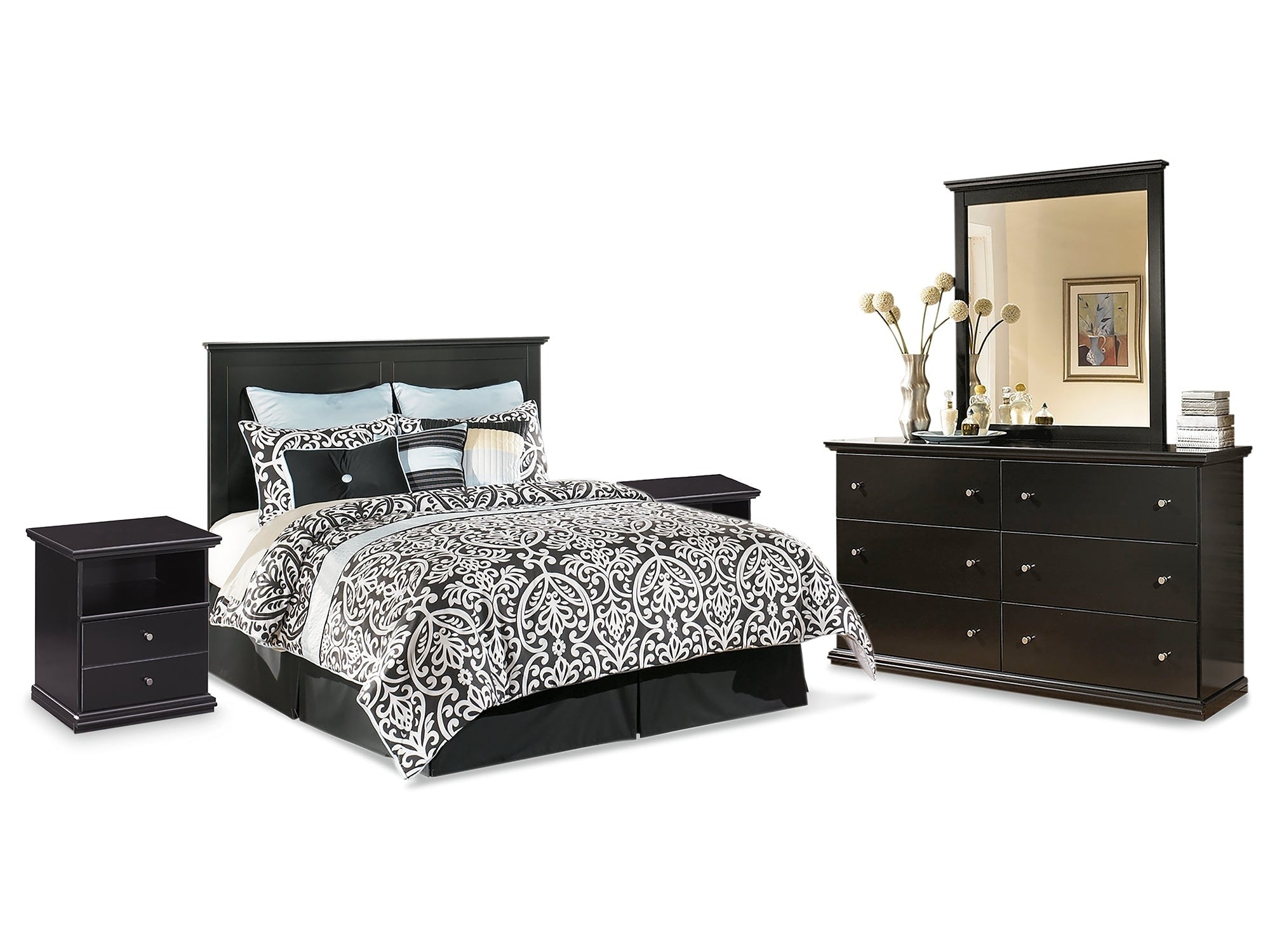 Maribel King/Cal King Panel Headboard, Dresser, Mirror and 2 Nightstands, Black