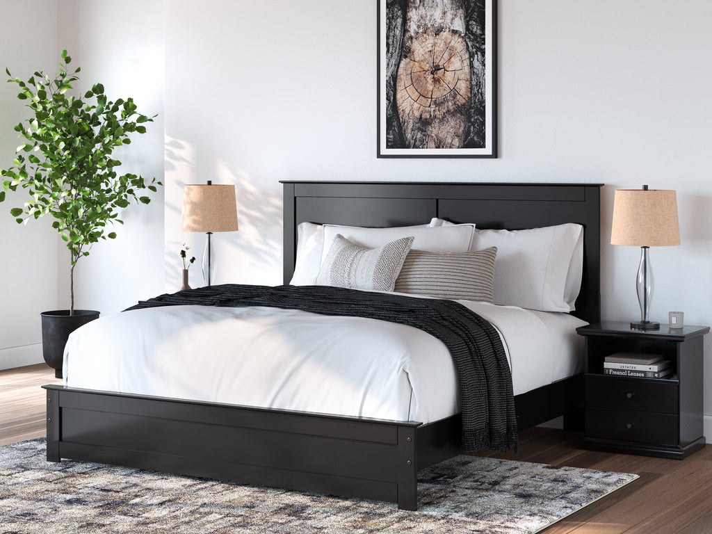 Maribel King Panel Bed, Dresser, Mirror and 2 Nightstands, Black
