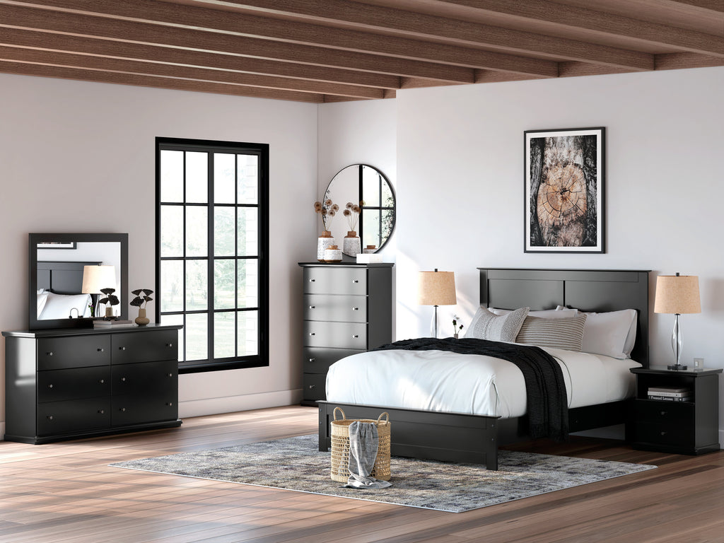 Maribel Black Queen Panel Bed, Chest and Nightstand