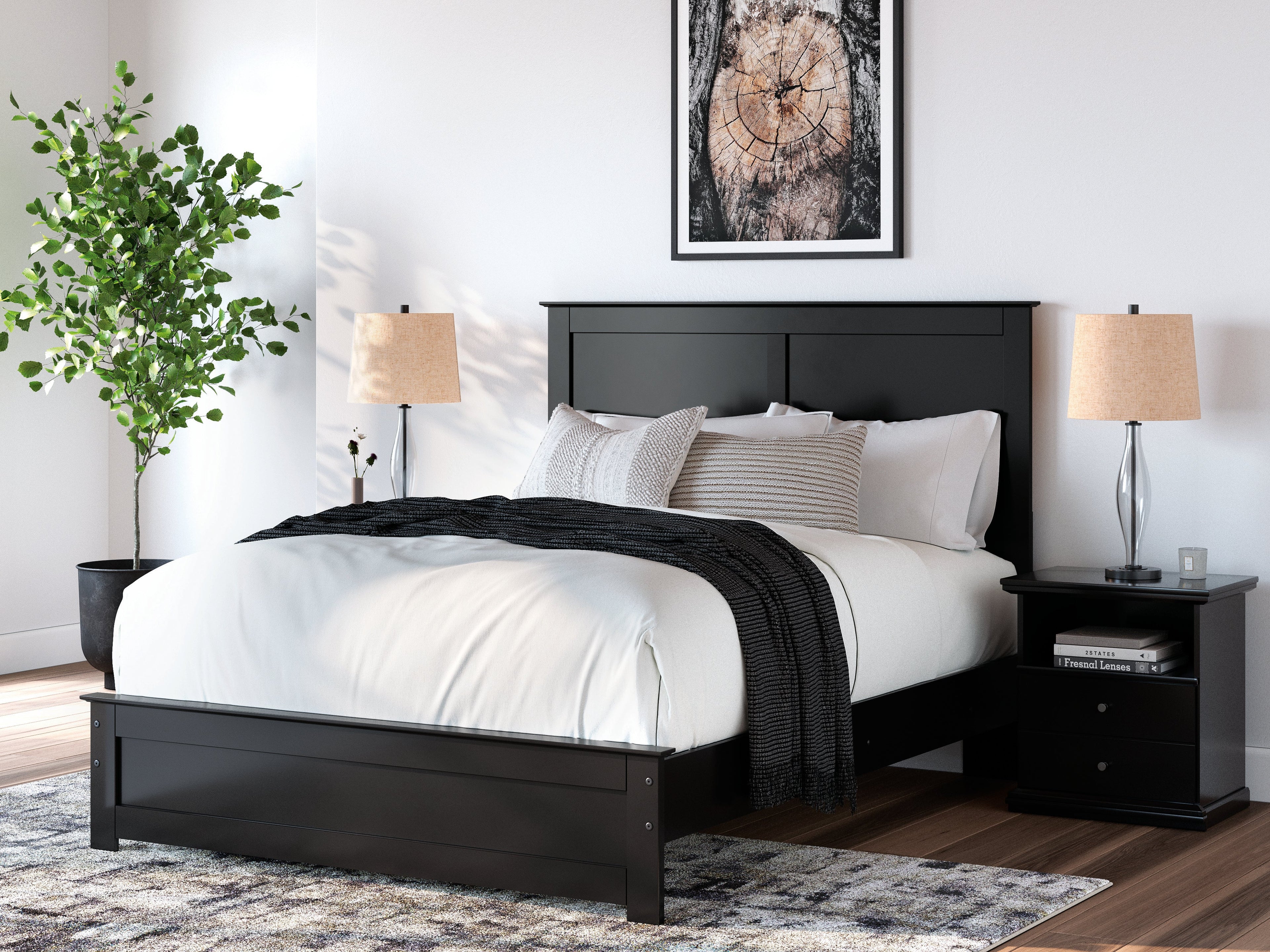 Maribel Black Queen Panel Bed, Chest and Nightstand