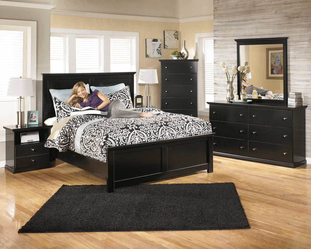 Maribel King Panel Bed, Dresser, Mirror and 2 Nightstands, Black