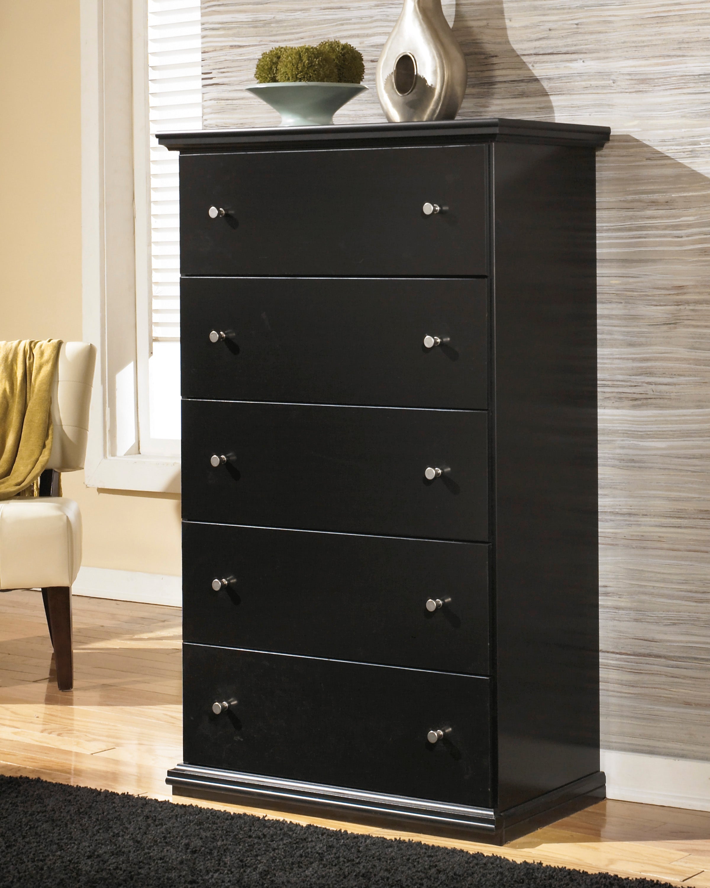 Maribel Twin Panel Bed, Dresser, Mirror, Chest and Nightstand, Black