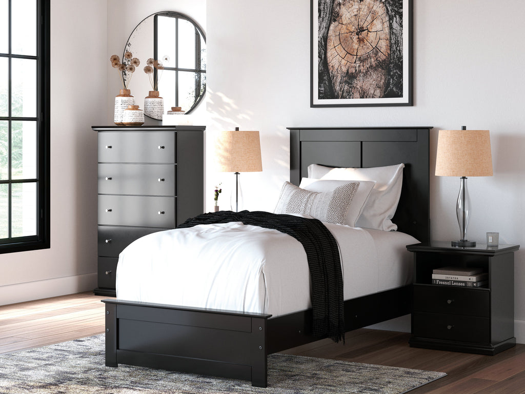 Maribel Black Twin Panel Bed, Chest and Nightstand